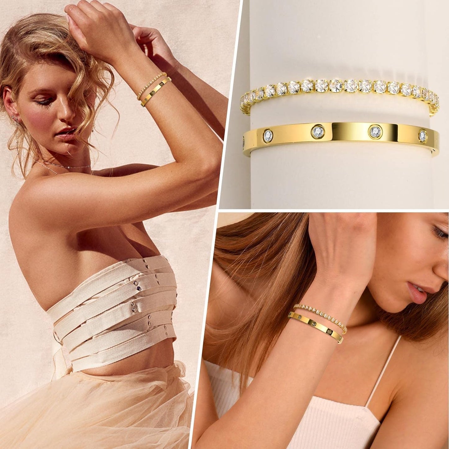 2pcs Gold Chain Link Bracelet, Stainless Steel Crystal Friendship Bracelets Bangle,Watch Band Chains Wristband