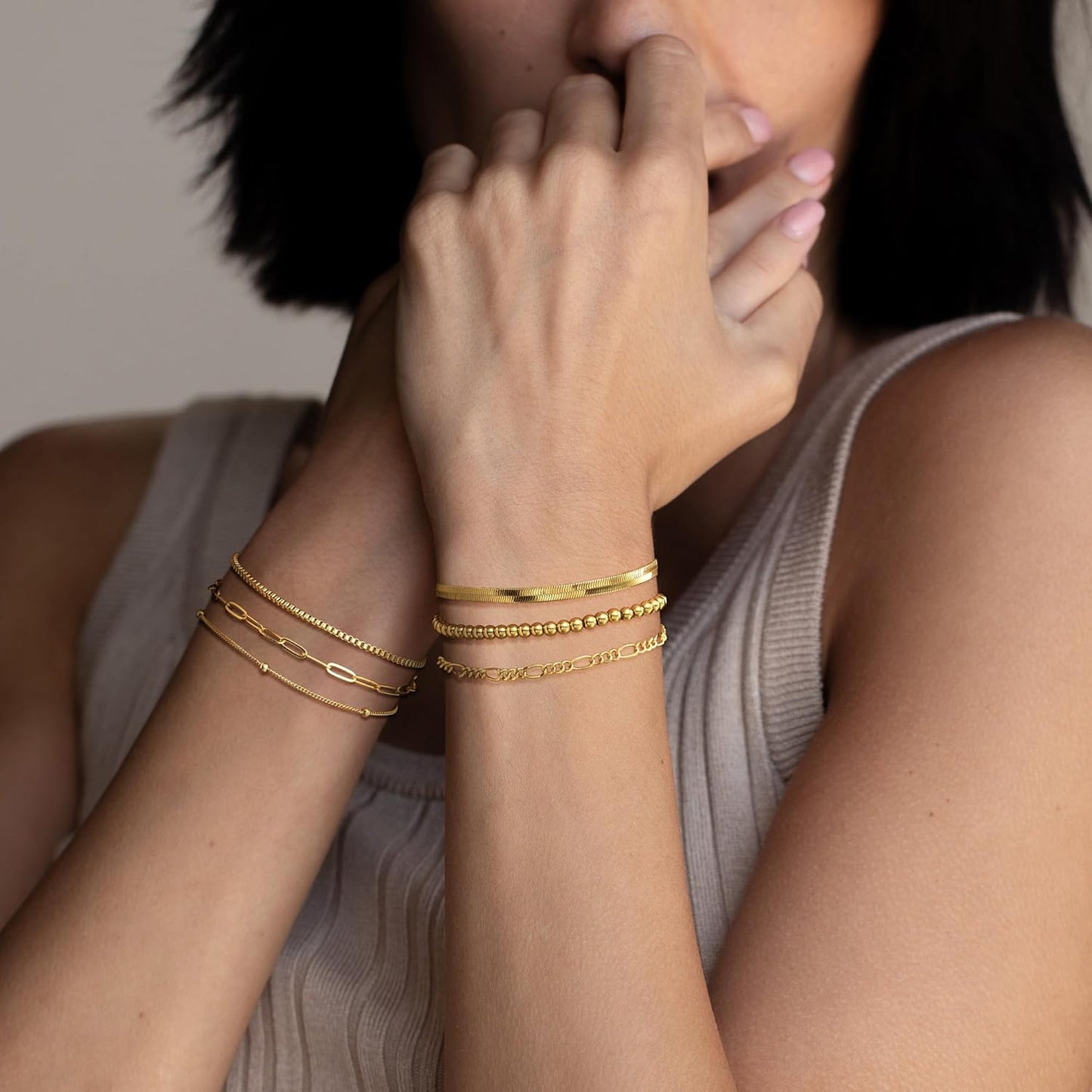 Gold Bracelets for Women Waterproof, 14K Real Gold Jewelry Sets Trendy Thin Dainty Stackable Cuban Link