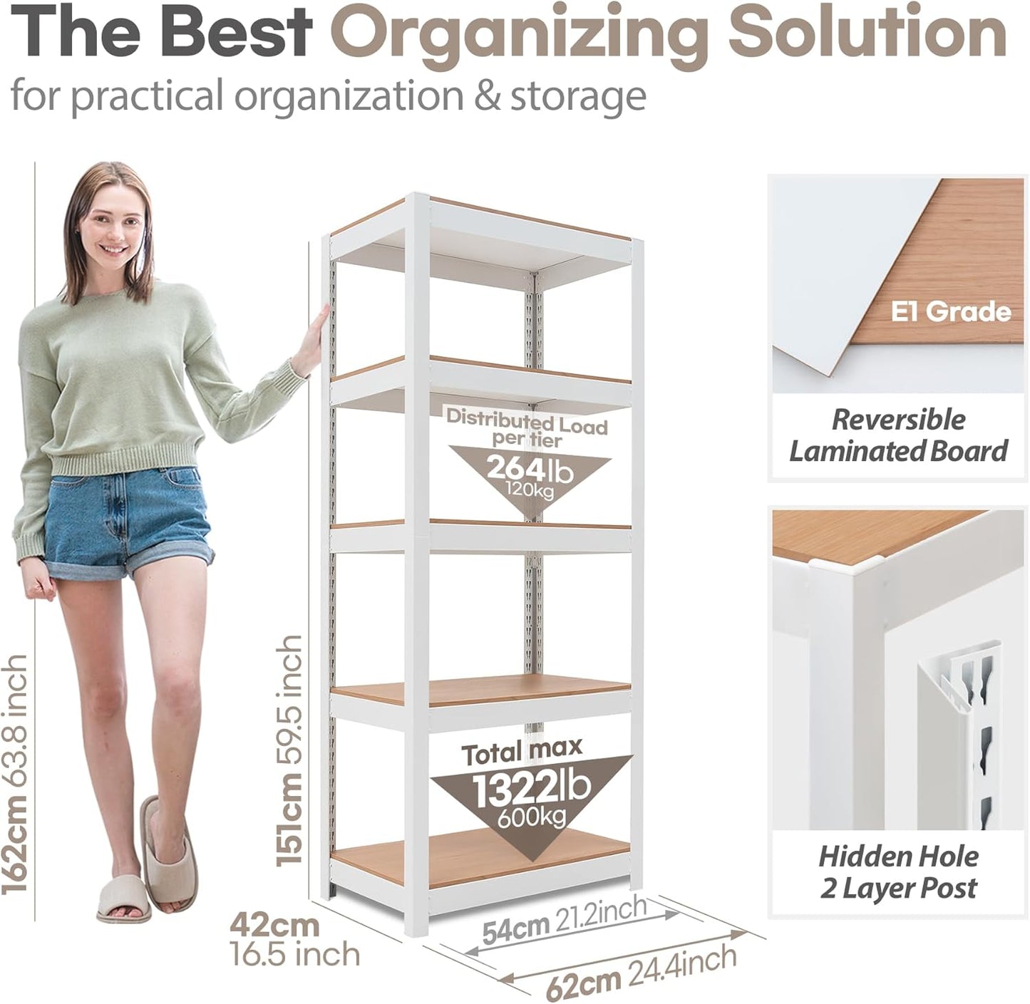 5 Tier 24.1" W Laminated Metal Shelving Unit Adjustable Storage Utility Rack Heavy Duty Shelves
