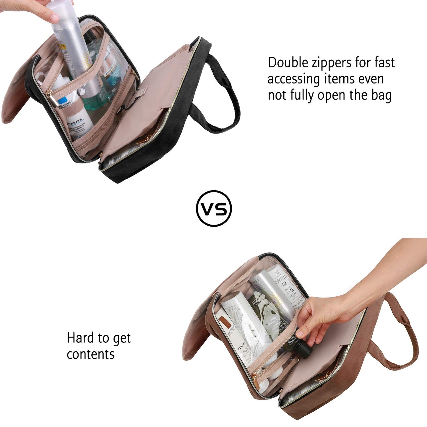 Toiletry Bag Travel Bag with Hanging Hook, Water-resistant Makeup Cosmetic Bag Travel Organizer