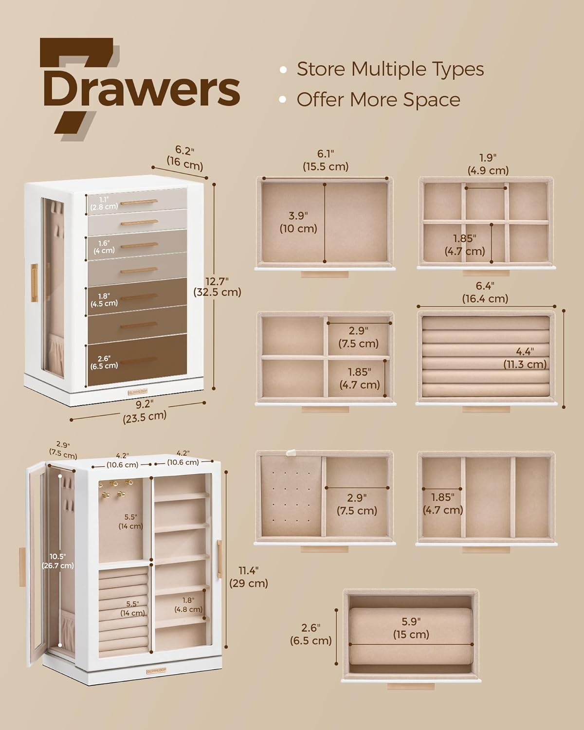 360° Rotating Jewelry Box with 7 Drawers, Spacious Vertical Jewelry Organizer with Glass Window