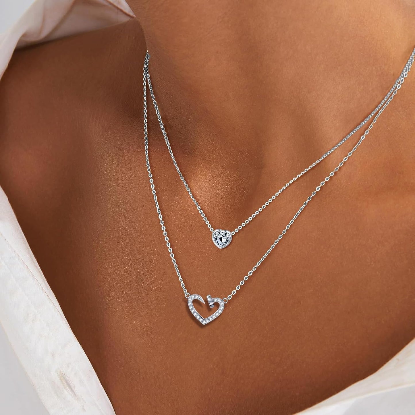 14K Gold & Platinum Plated Double Layer Pendant Necklace, Fashionable Layered Jewelry for Women