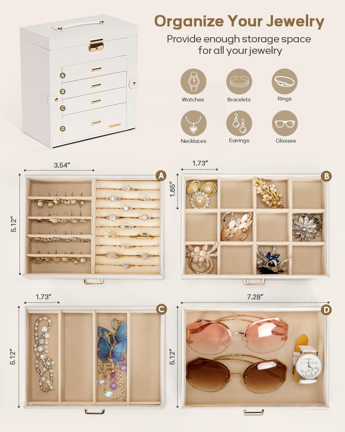 Synthetic Leather Huge Jewelry Box Mirrored Watch Organizer Necklace Ring Earring Storage Lockable