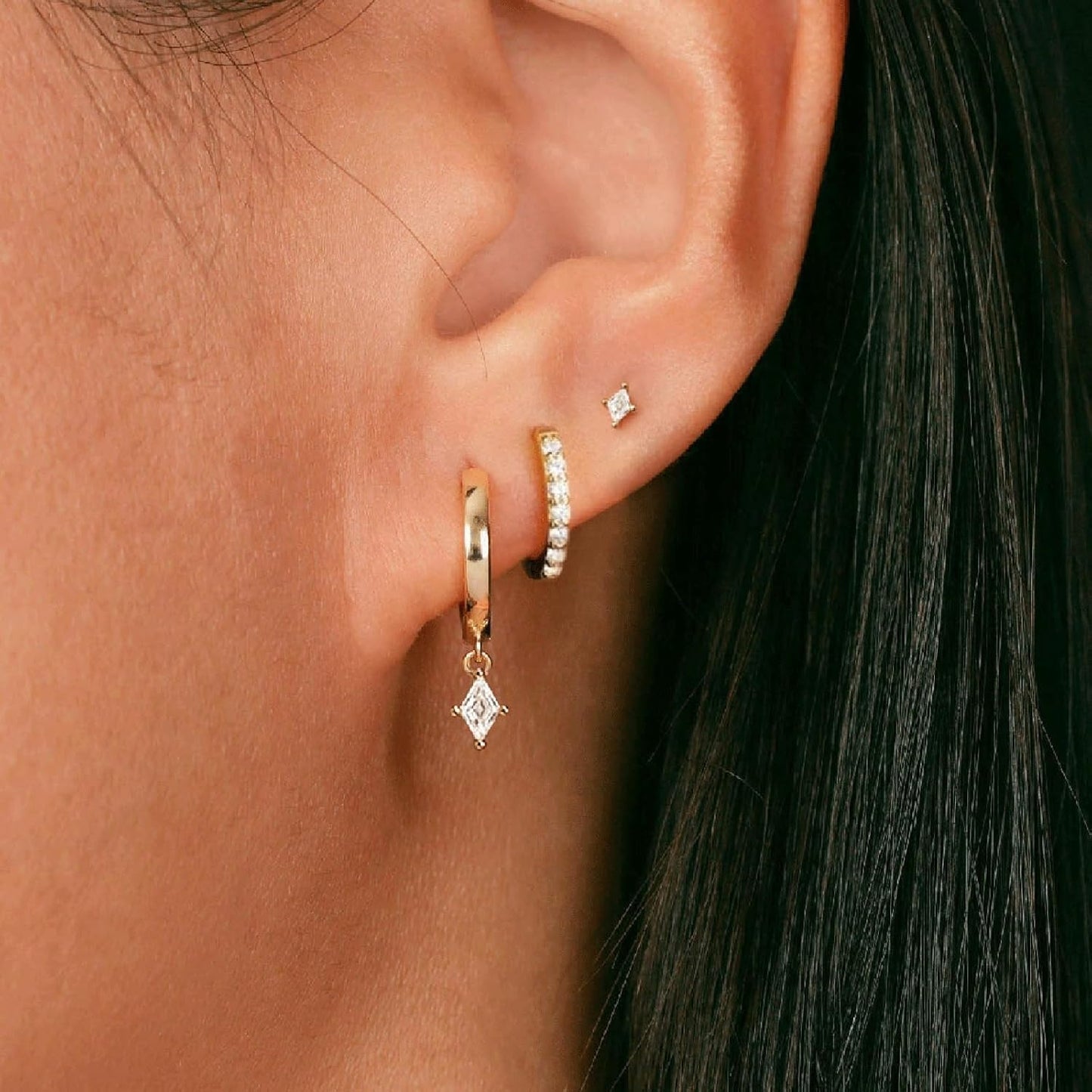 3 Pairs Small Gold Hoop Earring, 14K Gold Plated Earring Stacks Butterfly Heart Star Moon Bow Four Leaf Rhombus Round CZ Pearl