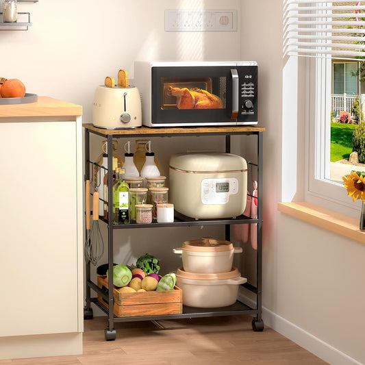 Rolling Kitchen Microwave Cart, 3 Tier Kitchen Utility Cart on Lockable Wheels
