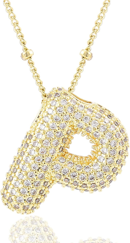 Personalized Chunky Initial Necklace: 14K Gold Plated Bubble Balloon Charm Pendant for Women