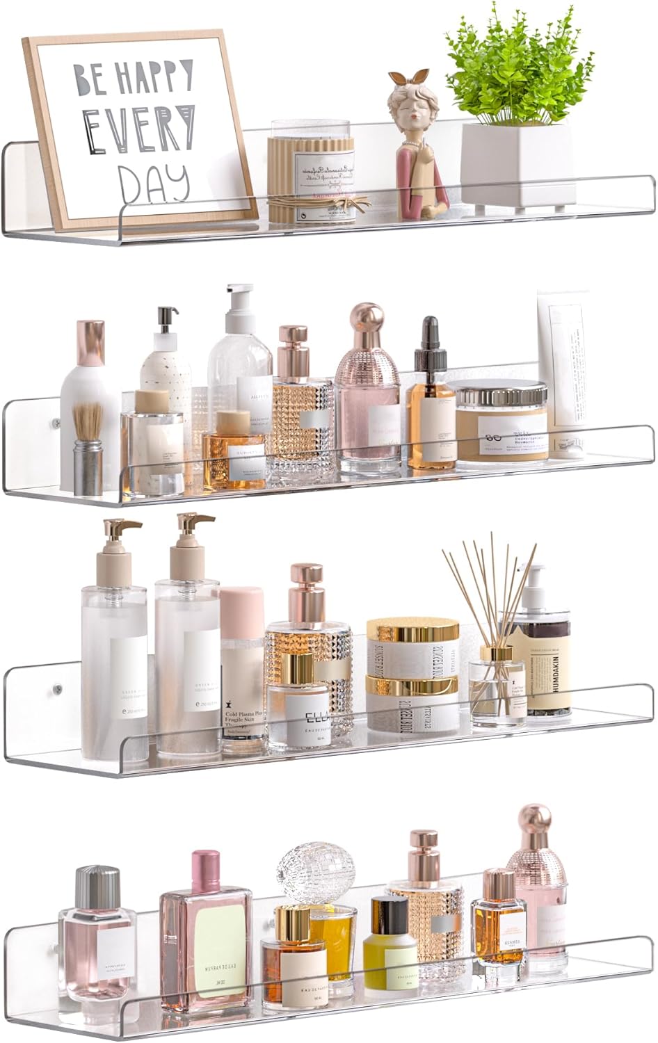 Acrylic Shelves for Bathroom Storage, 15" Floating Shelves Wall Organizer, 4 Pack