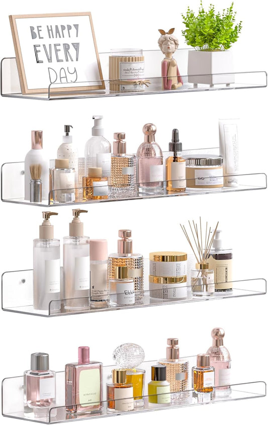 Acrylic Shelves for Bathroom Storage, 15" Floating Shelves Wall Organizer, 4 Pack