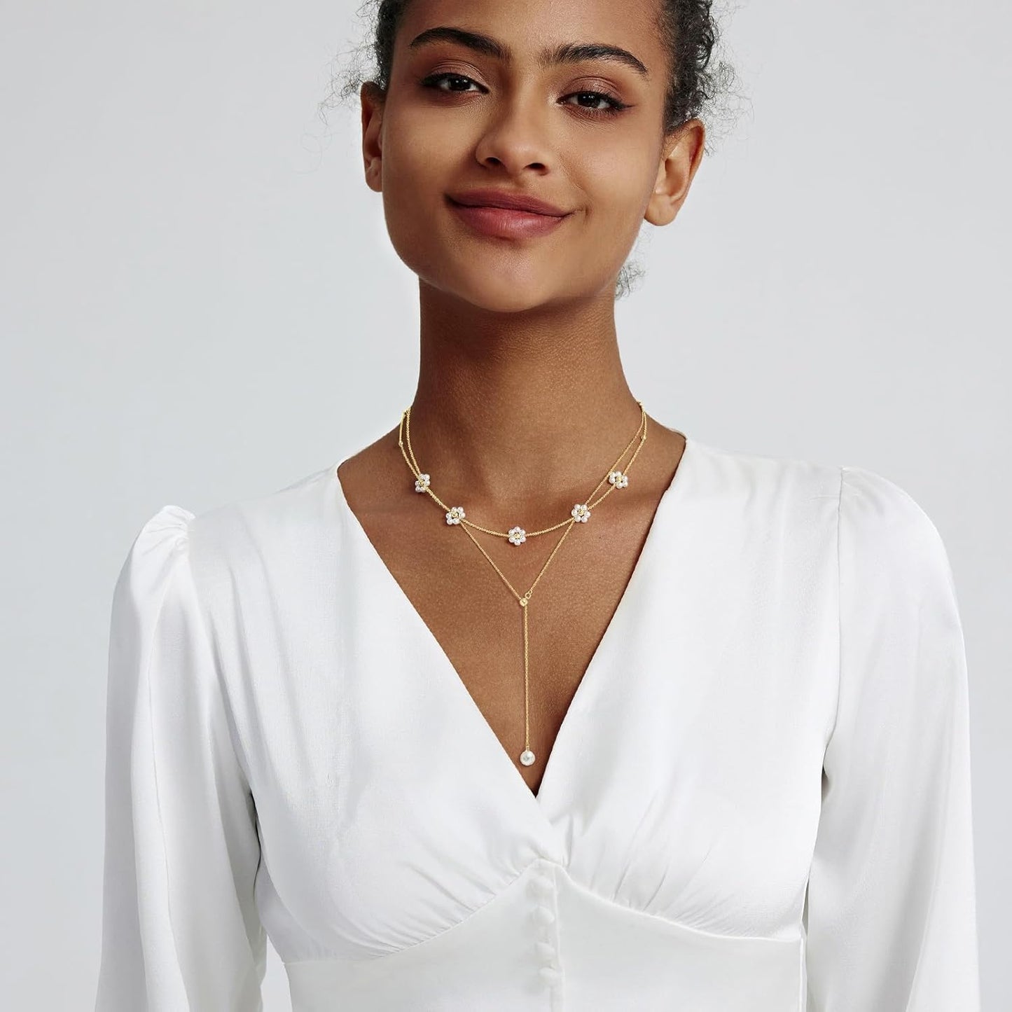 14K Gold-Plated Pearl Necklace Set: Dainty Layered Daisy Choker, Trendy Jewelry Gift for Women