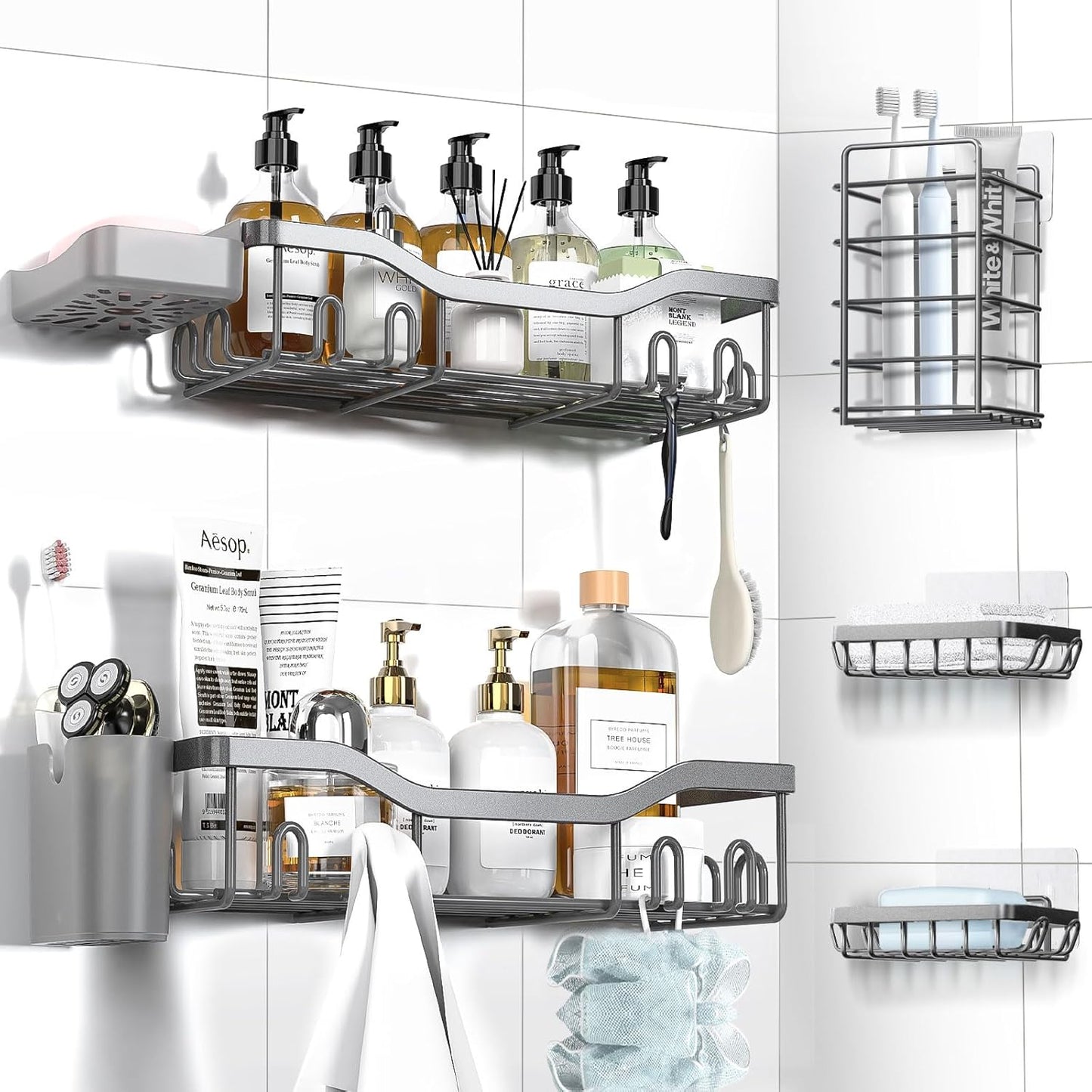 Shower Caddy Adhesive Shower Organizer 7-Pack, No-Drill Rack Storage Accessories