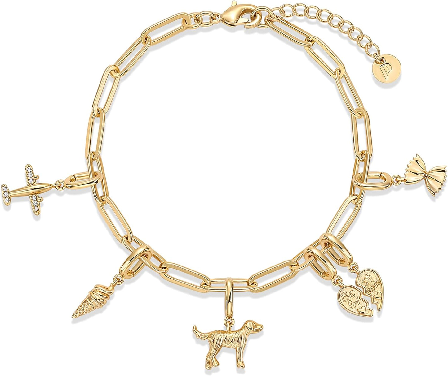 14K Gold Plated Adjustable Bracelet for Women | Twisted Bar & Paperclip Charm Chain Bracelets with Moon, Evil Eye