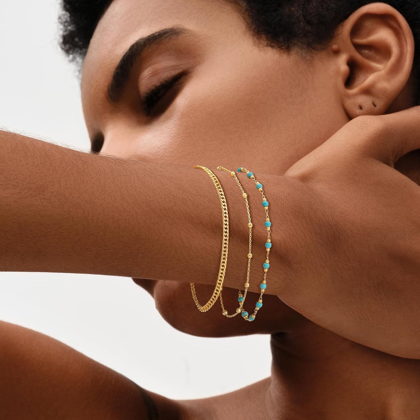 Gold Round Turquoise Beaded Bracelets,14K Gold Plated Handmade Cute Dainty Bracelet for Women