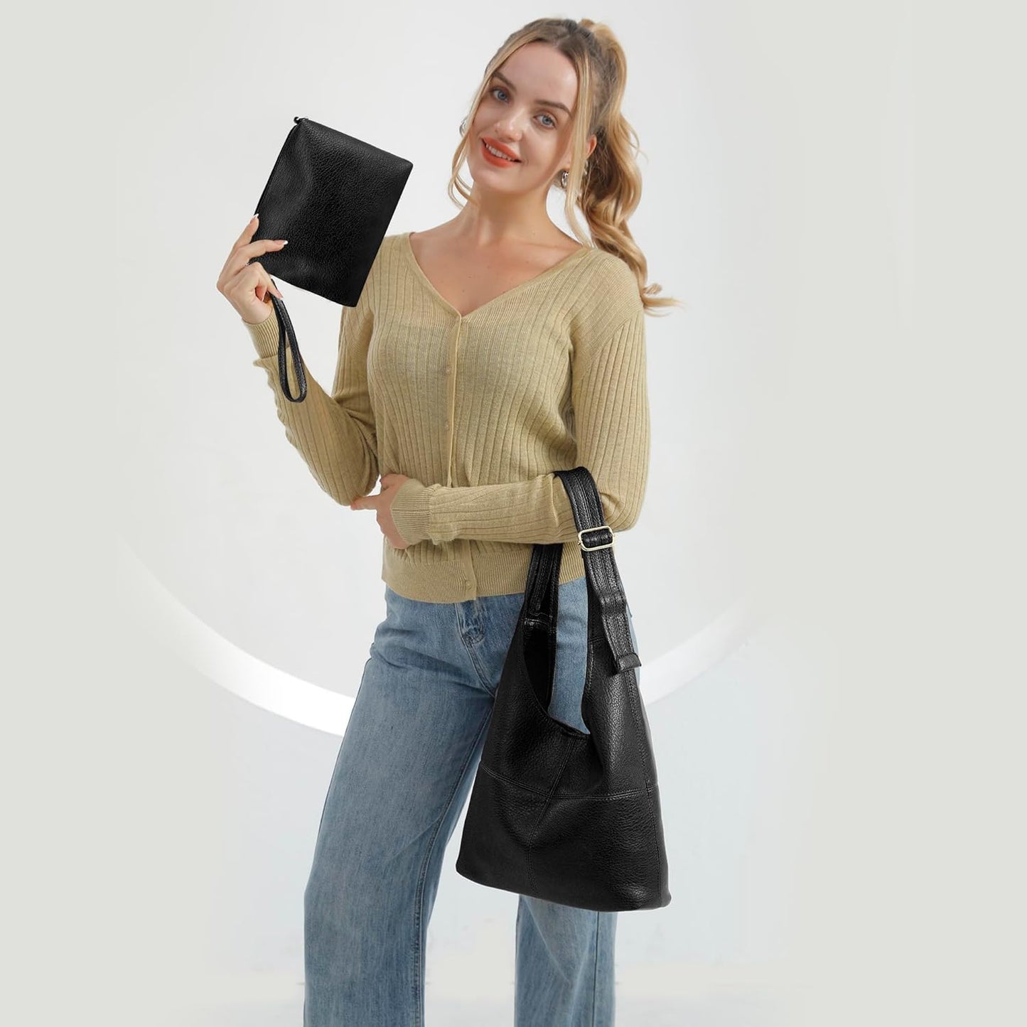 Hobo Bags Purse for Women Ultra Soft Foldable Shoulder Slouchy Handbags with Cosmetic bag
