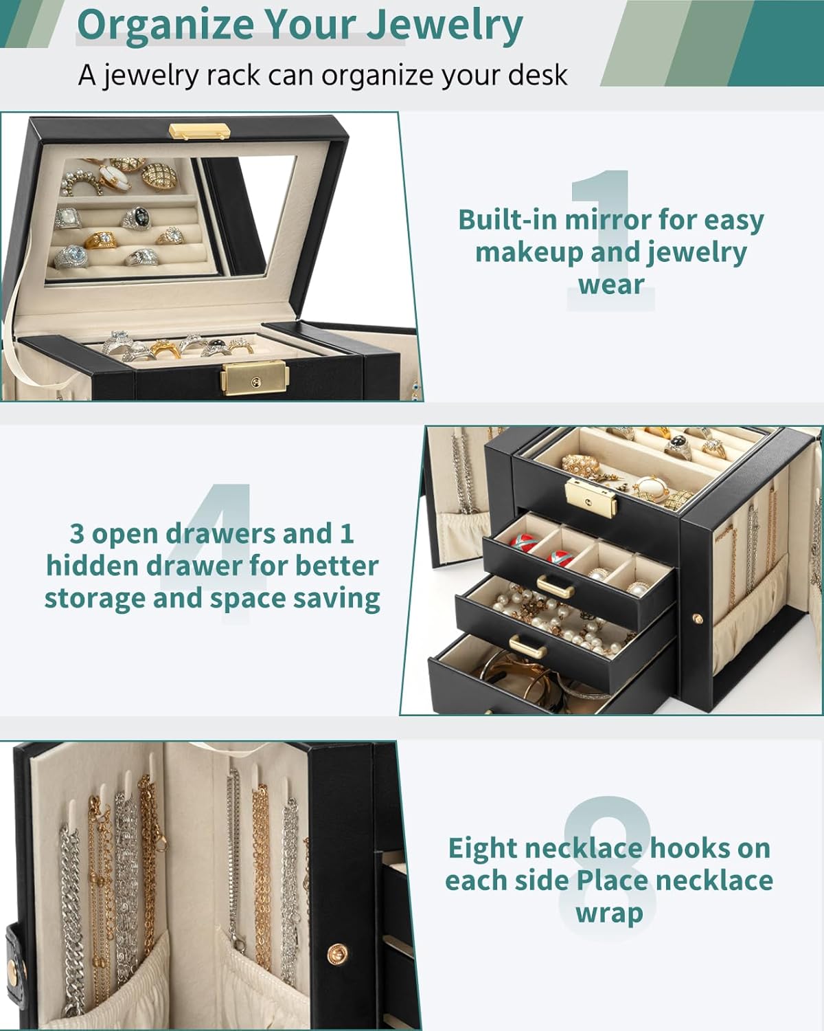 4-Tier Jewelry Box Leather Jewelry Storage Organizer with 3 Drawers Lockable