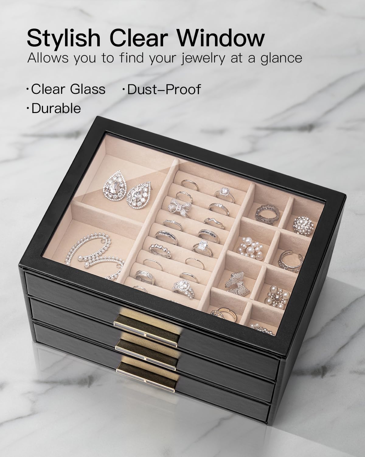 Jewelry Box for Women, Glass Lid Jewelry Organizer with 3 Drawers for Necklaces Rings Earrings Bracelets-Black
