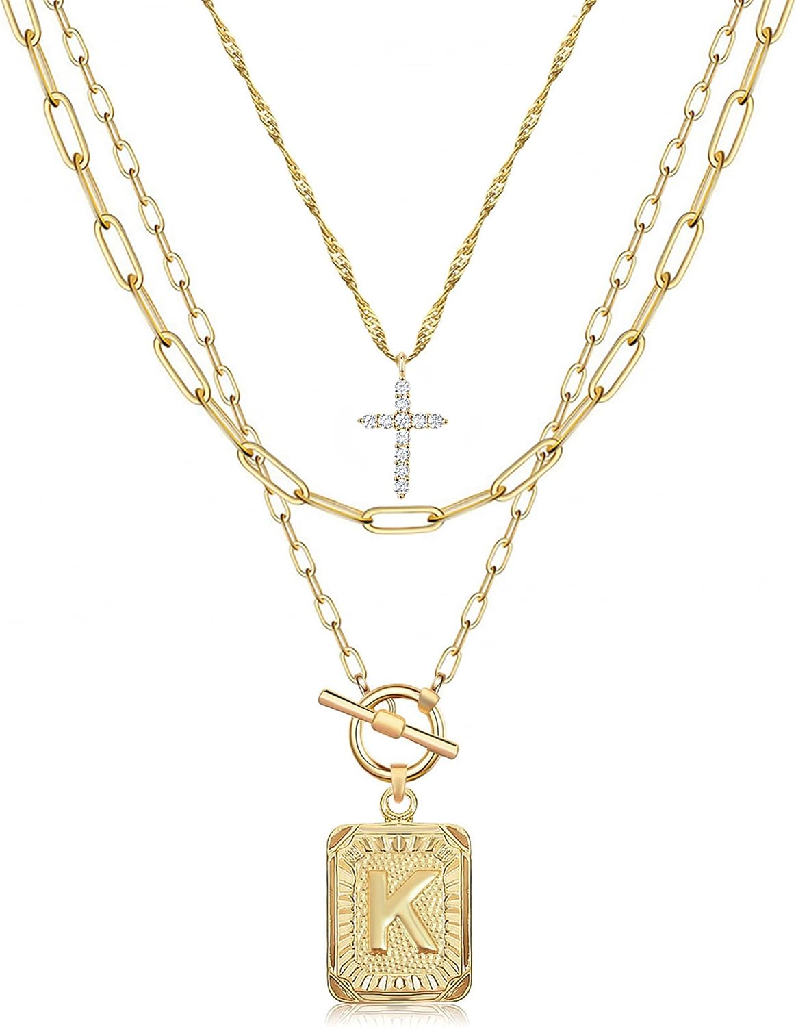 Layered Initial Necklace for Women, 14K Gold Plated Letter Pendant with Cross Charm, Paperclip Chain Choker Jewelry