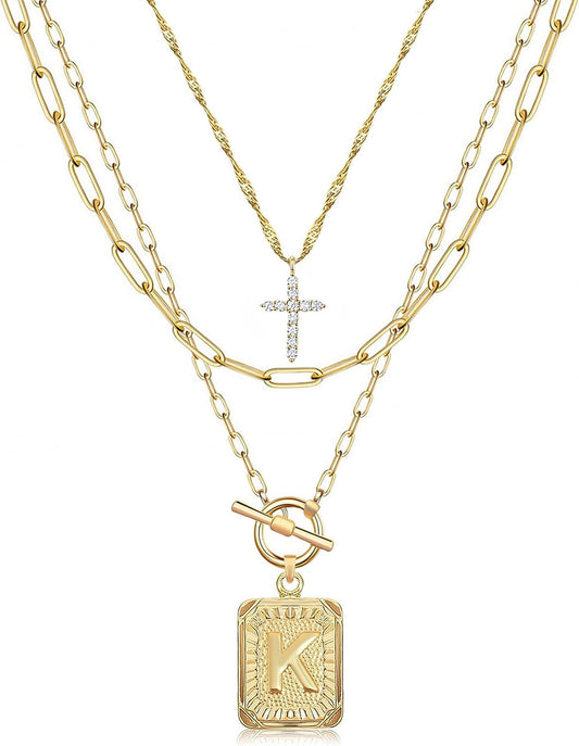 Layered Initial Necklace for Women, 14K Gold Plated Letter Pendant with Cross Charm, Paperclip Chain Choker Jewelry