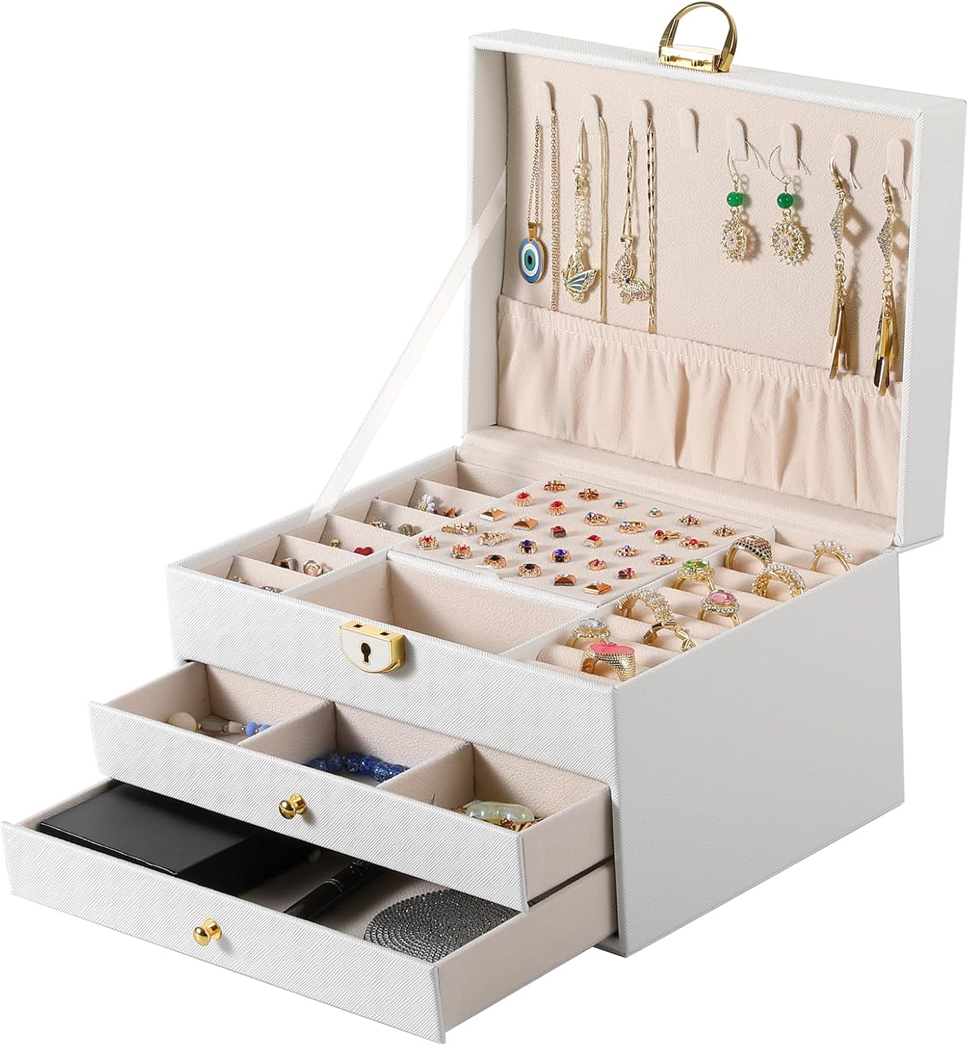 3 Layer Jewelry Box, Lockable Jewelry Holder Organizer with Jewelry Drawer