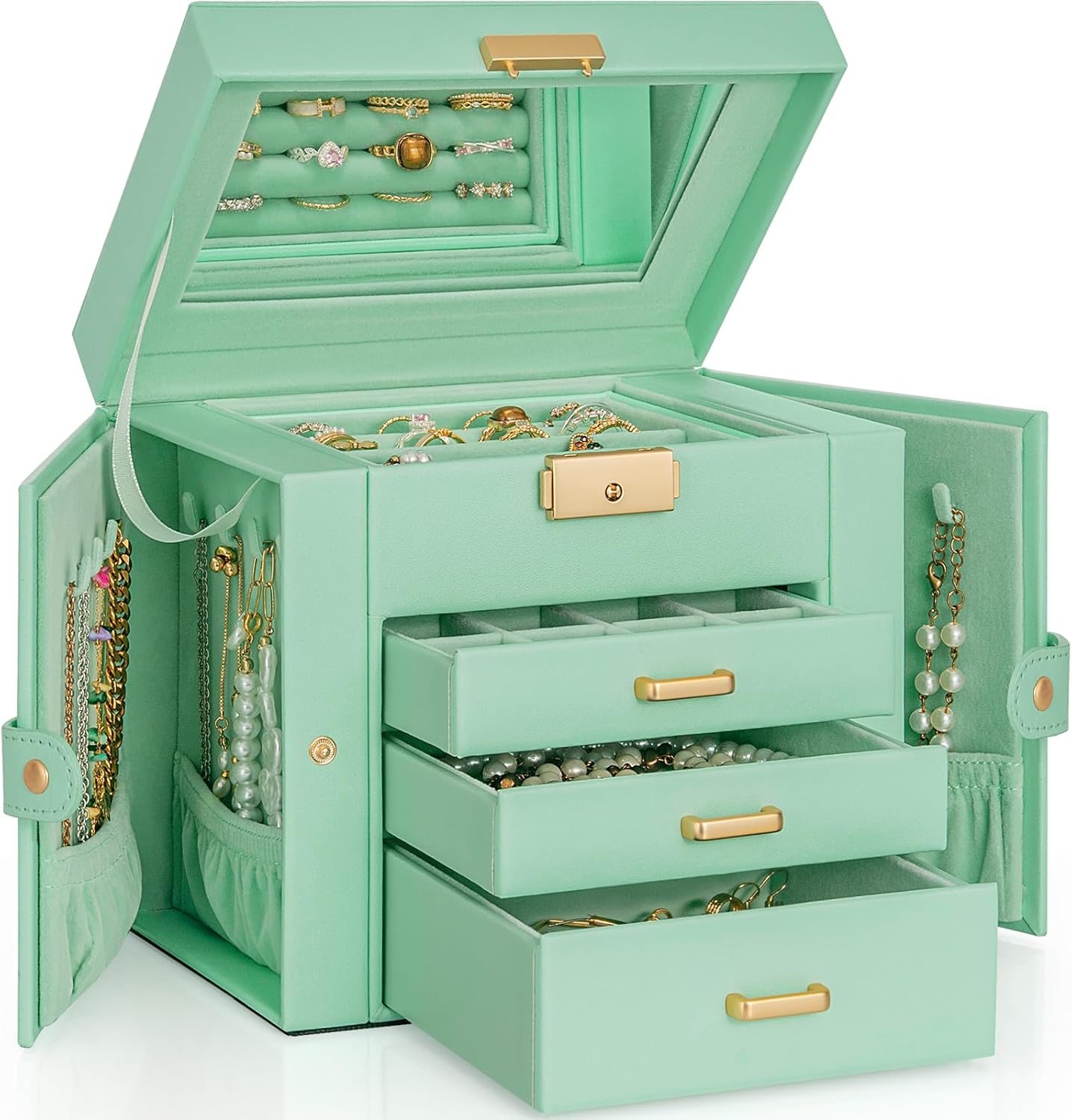 4-Tier Jewelry Box Leather Jewelry Storage Organizer with 3 Drawers Lockable