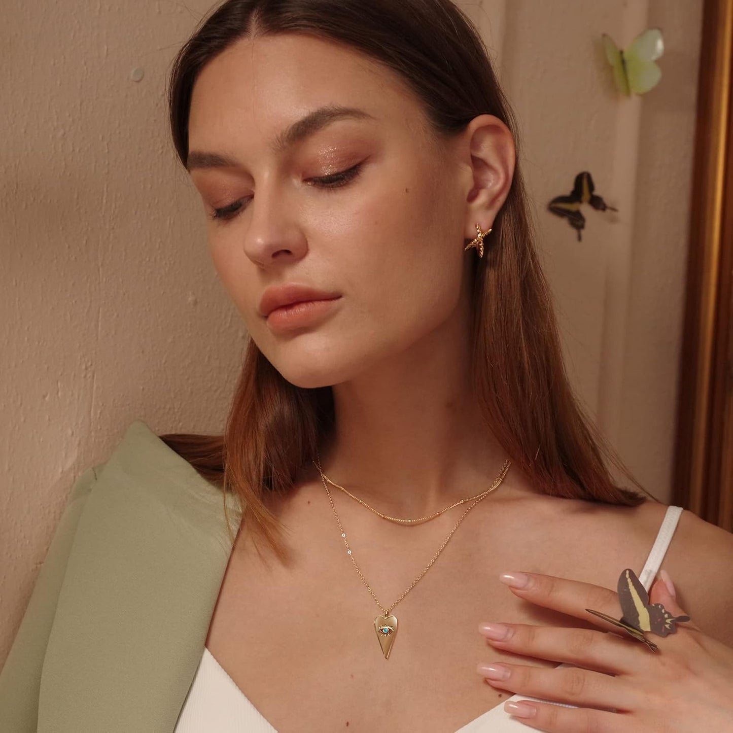 Layered Necklace with Heart & Arrow Pendant, 18k Gold Plated Dainty Choker for Women