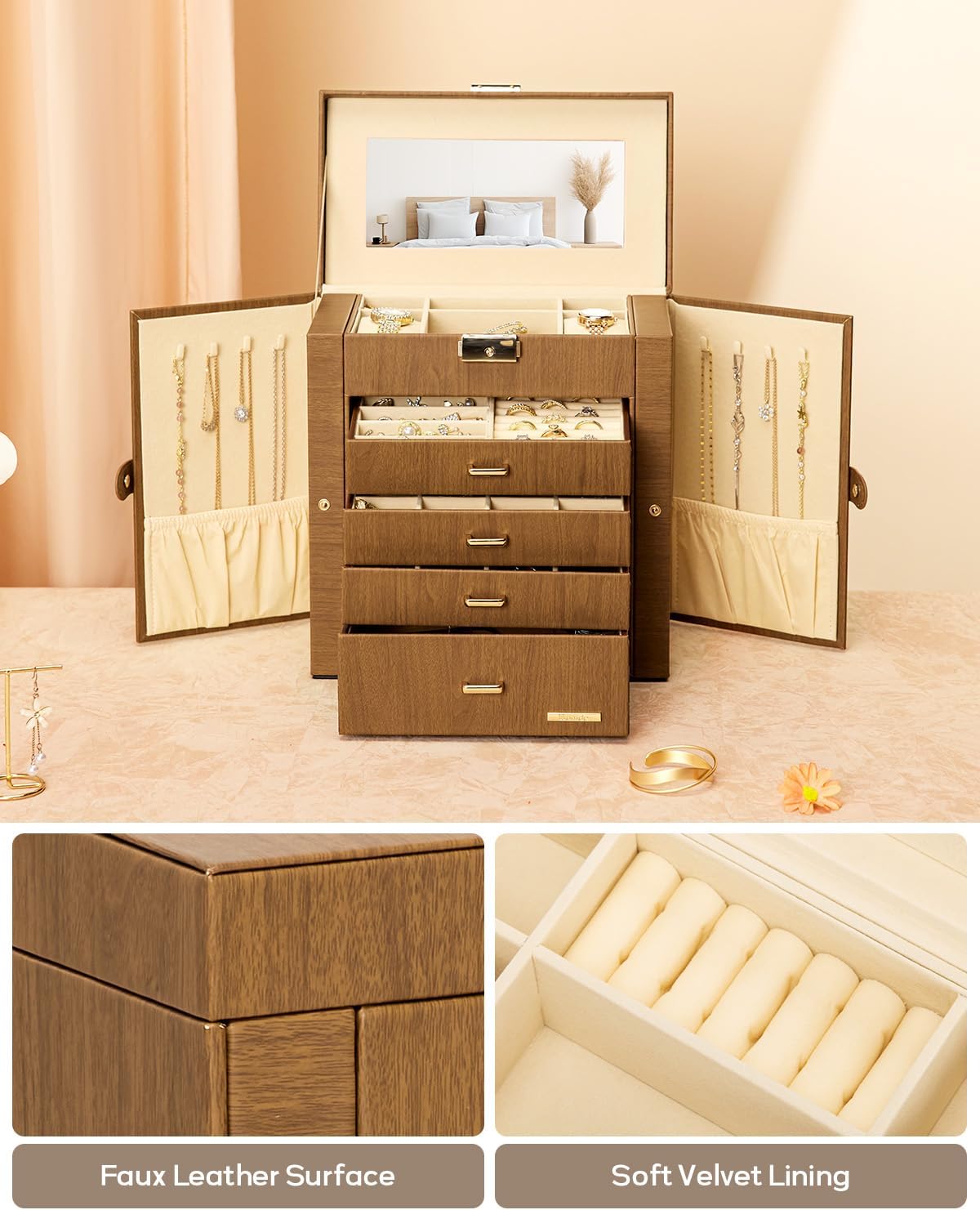 Synthetic Leather Huge Jewelry Box Mirrored Watch Organizer Necklace Ring Earring Storage Lockable