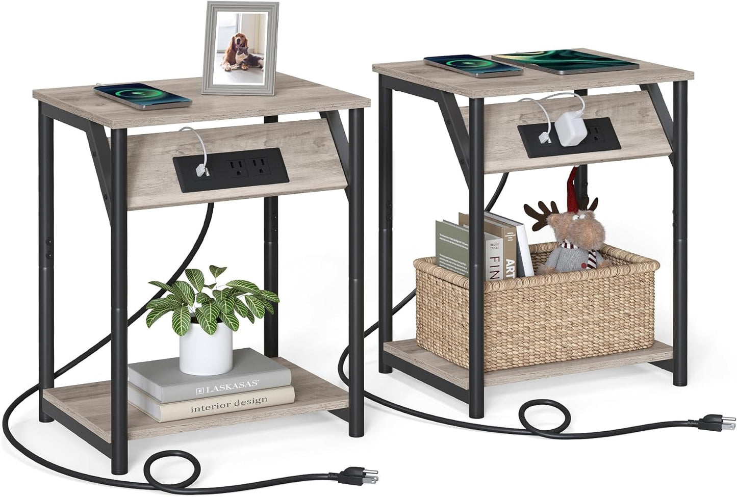 Small Side Tables, Nightstand with Outlets and USB Ports, Bedside Table with Storage Shelf