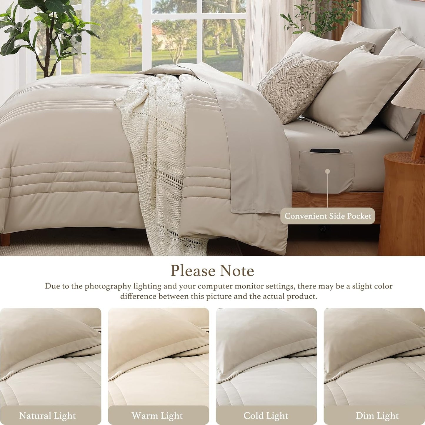 Queen Comforter Set - 7 count Beige Bed in a Bag Queen Bedding Sets , All Seasons