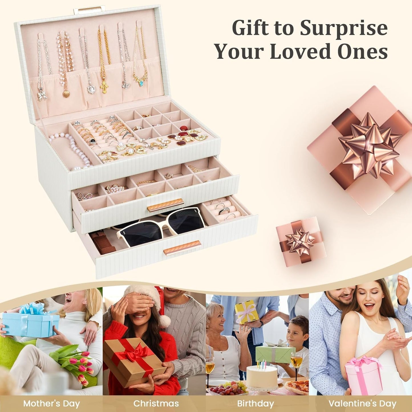 Jewelry Box Organizer with 2 Drawers, 3-Tier Large Jewelry Holder Organizer Box