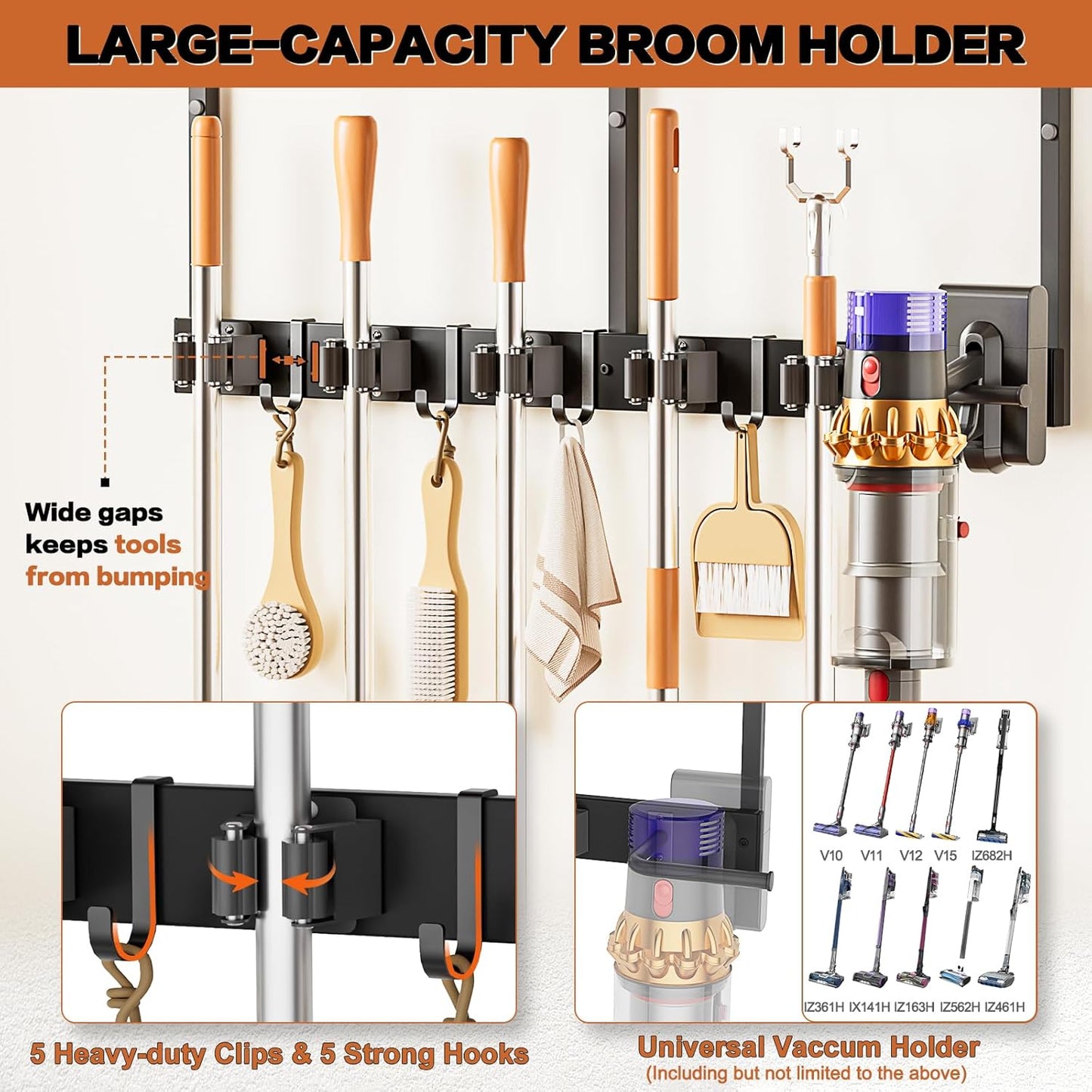 Broom Holder Wall Mount with Cleaning Supplies Organizer, Laundry Room Organization Hooks