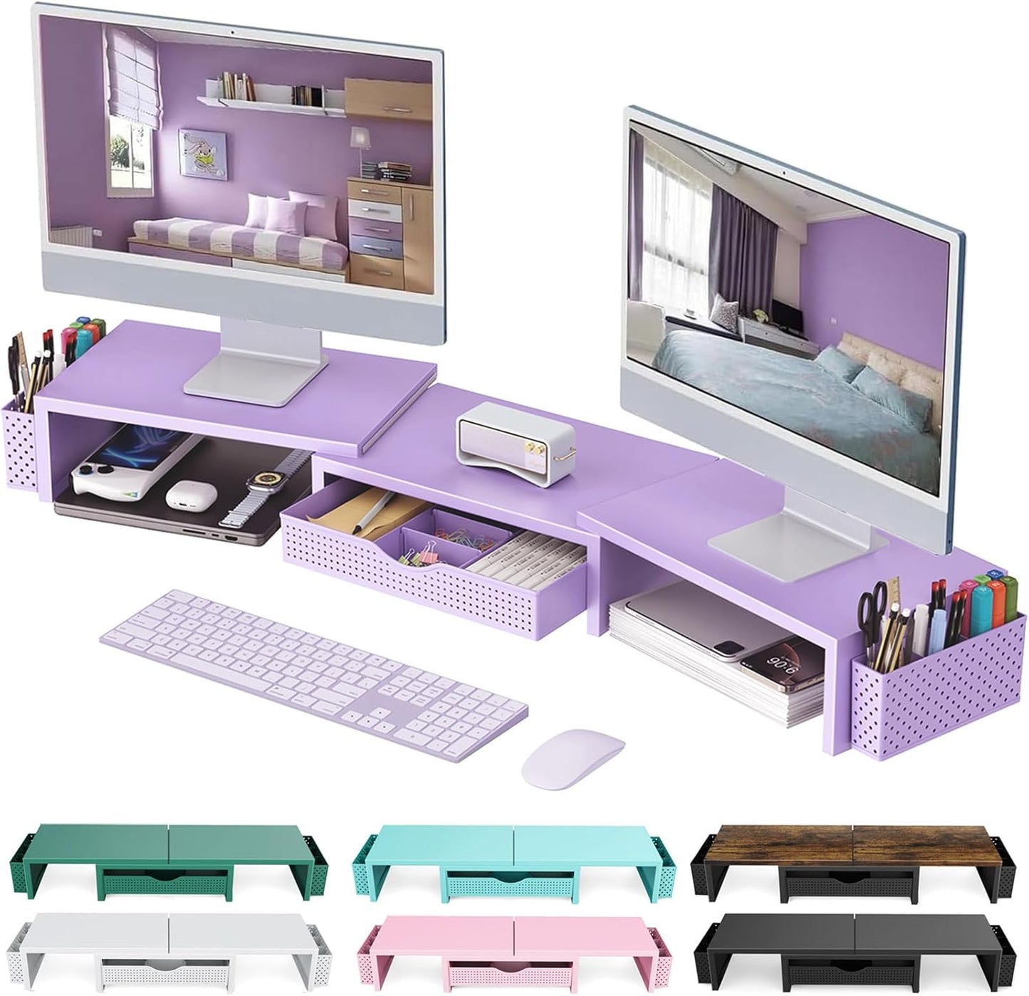 Dual Monitor Stand Riser, Desk Organizer With Drawer and 2 Pen Holders,Shelf for Top of Desk