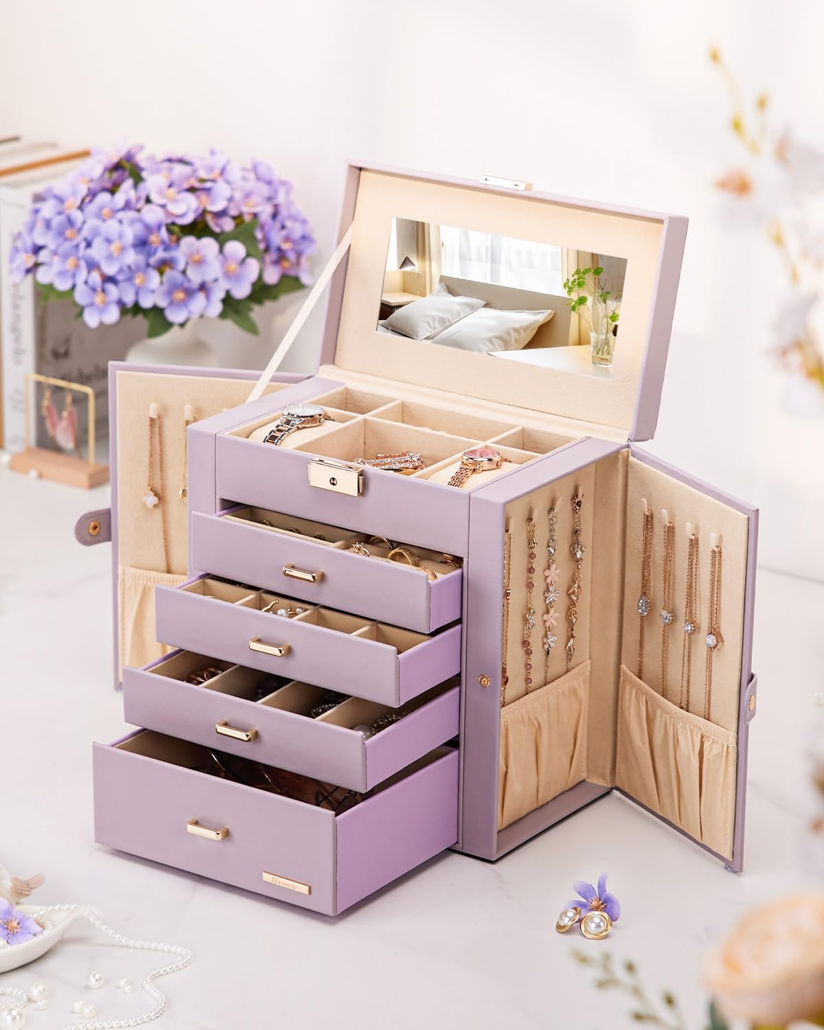 Synthetic Leather Huge Jewelry Box Mirrored Watch Organizer Necklace Ring Earring Storage Lockable