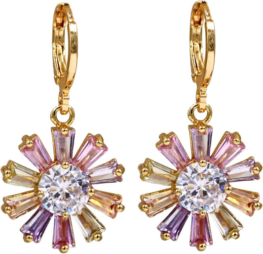 Vuskdtei18K Gold Plated Flower Dangle Earrings for Women, Hypoallergenic Cubic Zirconia Earrings, Elegant Chandelier Drop Earrings