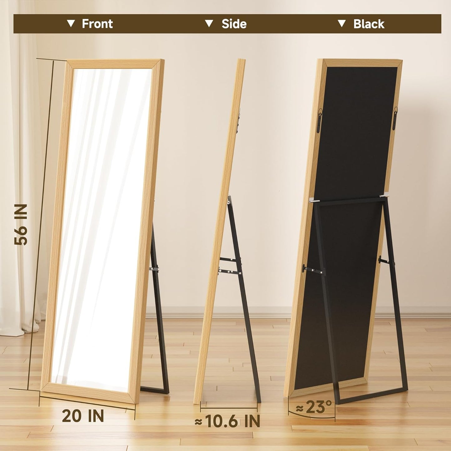 Wall Full Length Mirror, Standing Mirror Full Body, with Wooden Frame(with Stand,56x20)