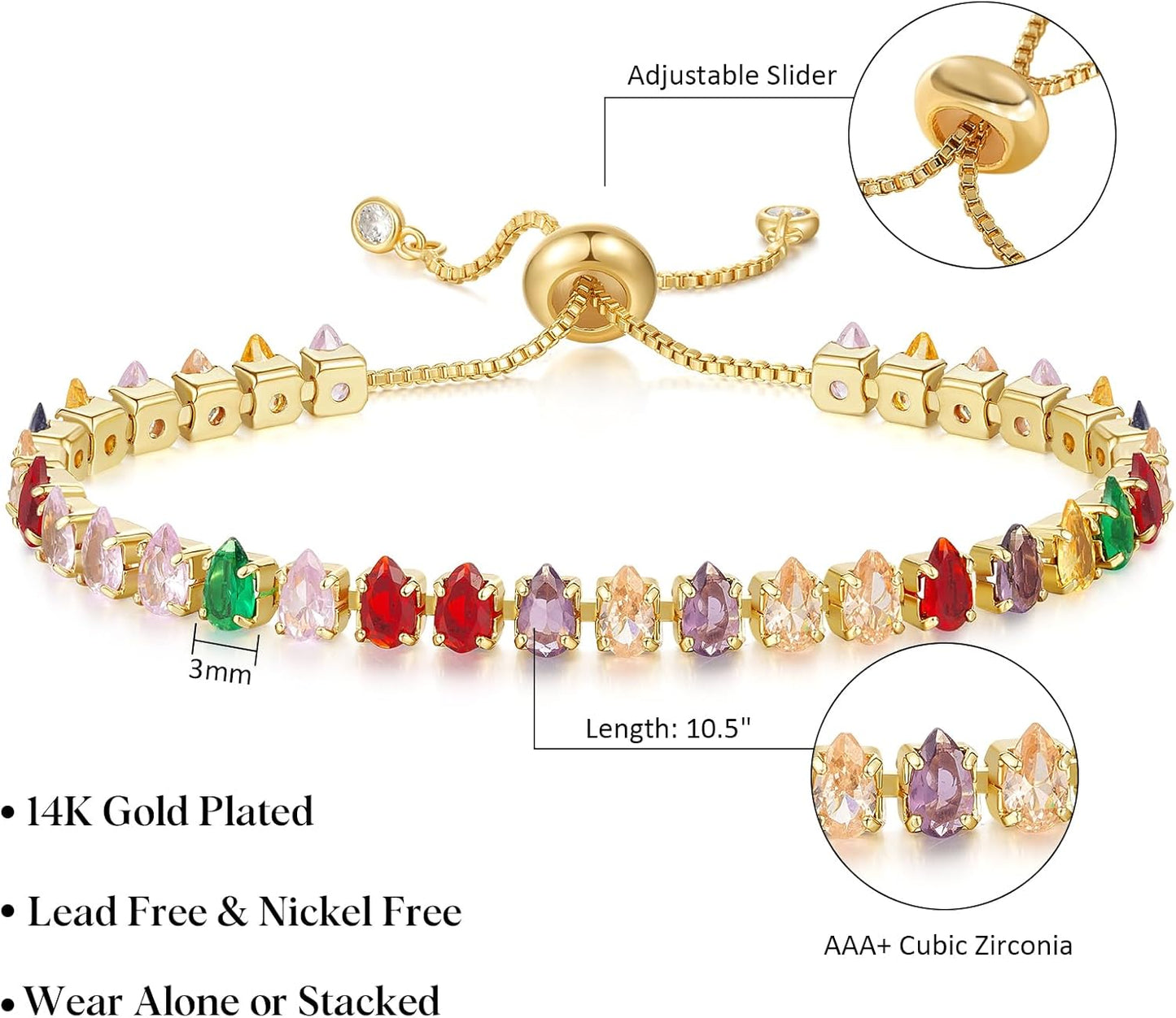 Tennis Bracelet for Women, 14K Gold Plated Cubic Zirconia Adjustable Slider Bracelets Trendy Jewelry Gift