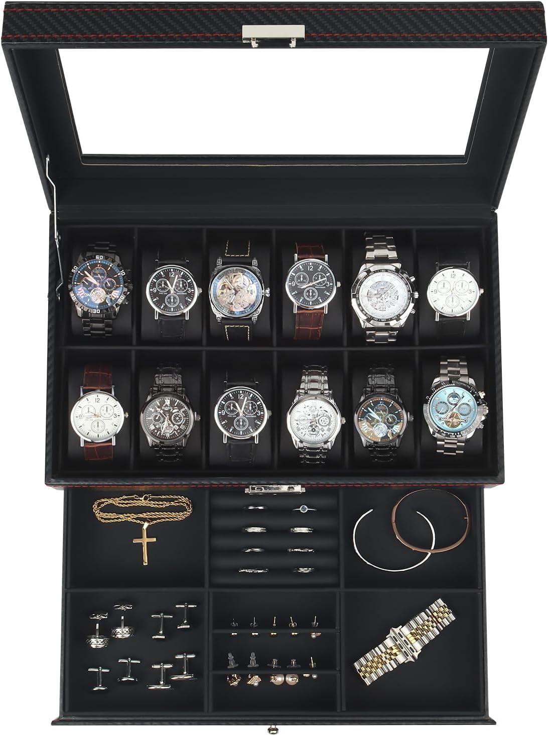 6-Slot 2-Layer Watch Case and Sunglasses Storage with Large Glass Lid, Men's Jewelry Box with Lock