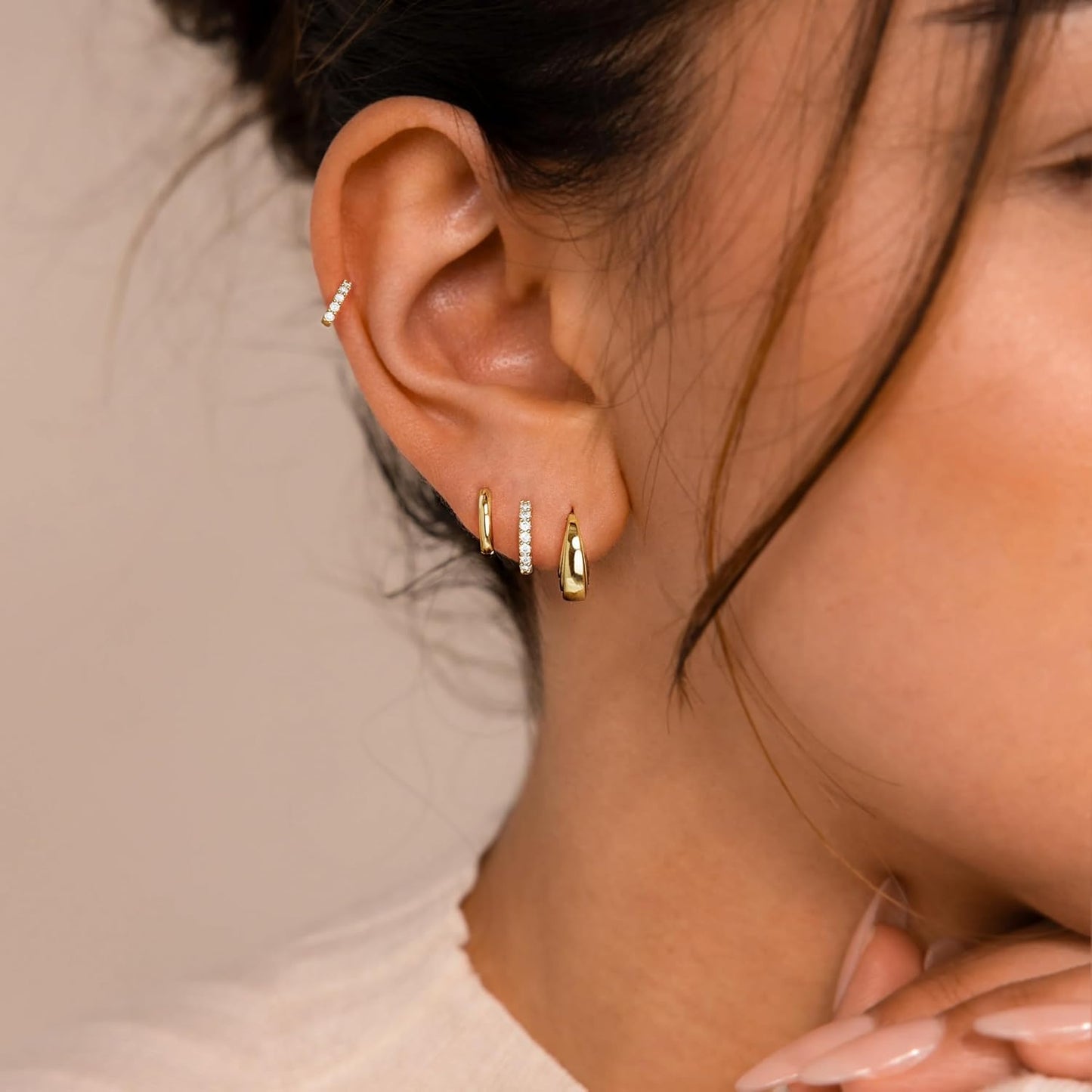 Small Gold Huggie Hoop Earrings Set for Women Men Hypoallergenic 14K Plated Stack Cartilage Earrings, Multiple Piercing