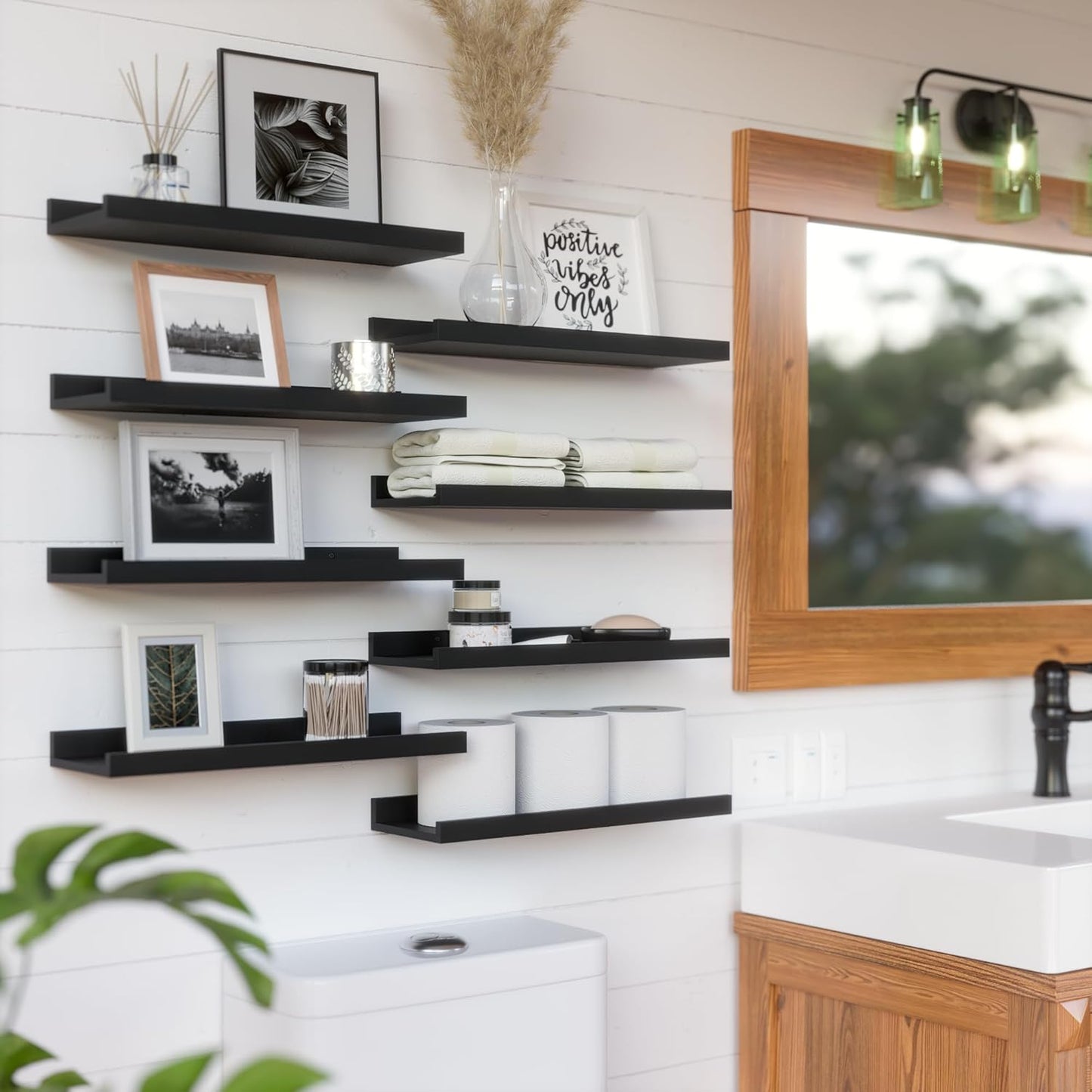 Floating Wall Mounted Shelves, 8count Set with Lip - Black  Book Shelves for Bedroom