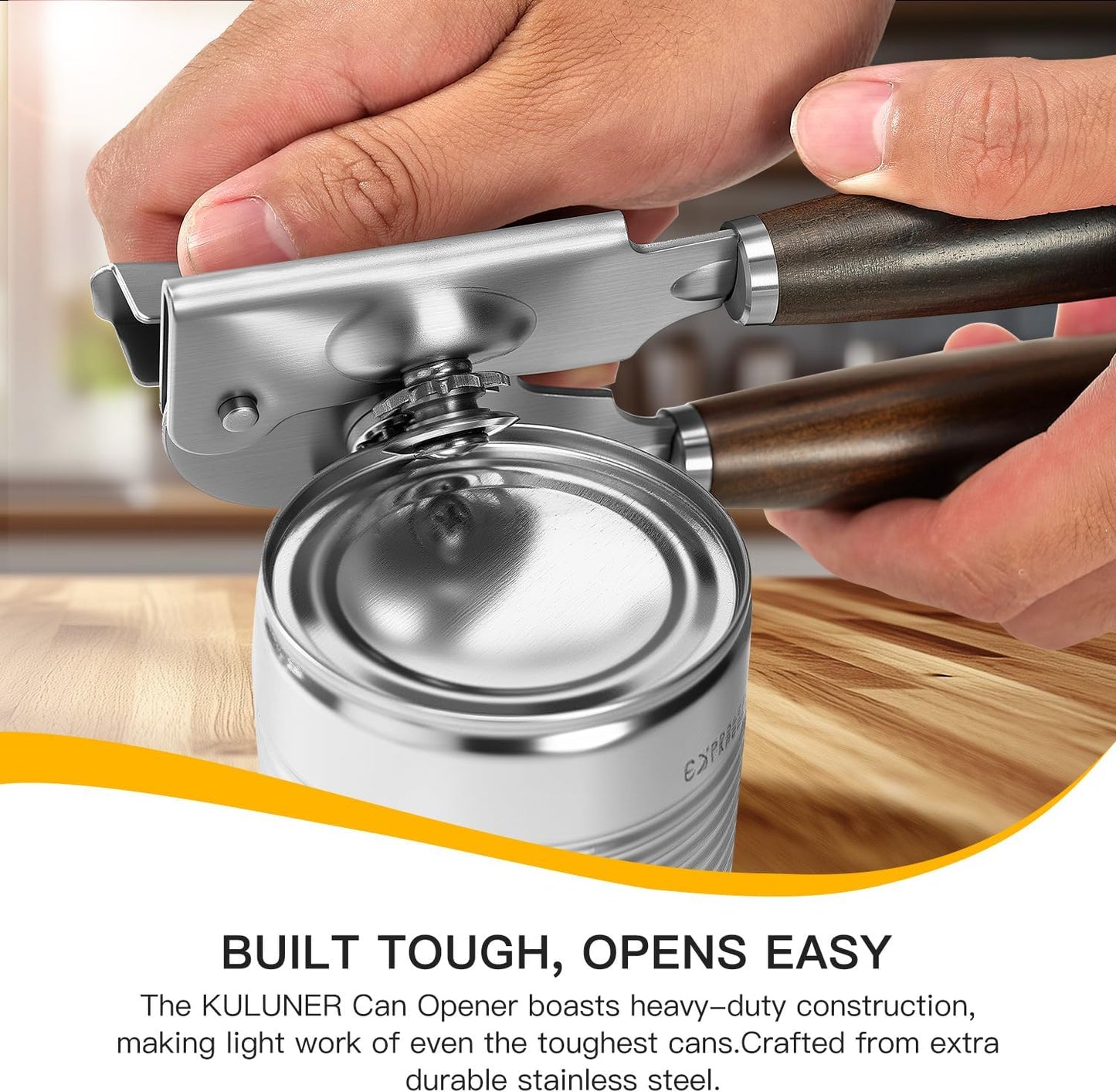 Manual Can Opener with Solid Wood Handle, Sharp Smooth Edge Blade