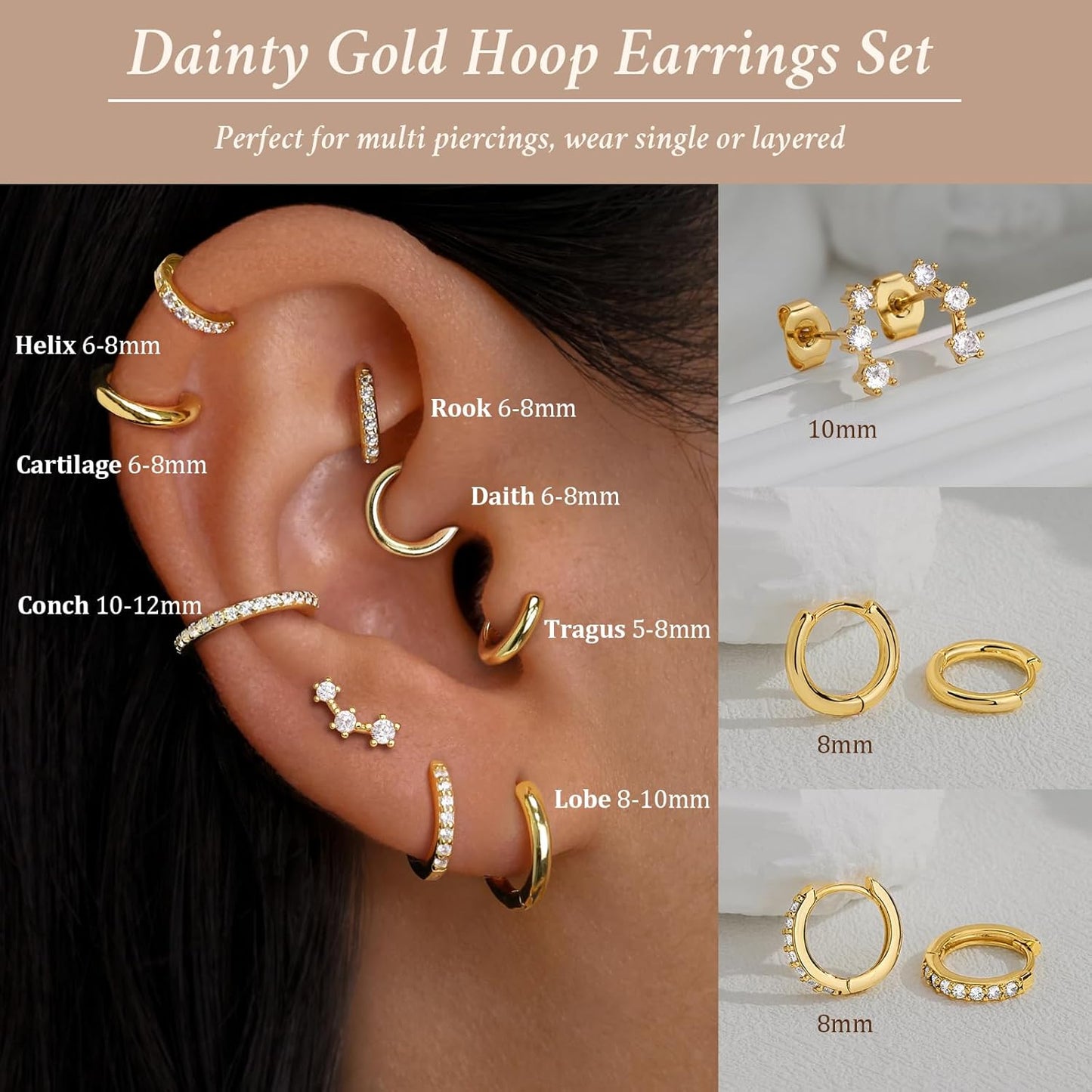 Small Sterling Silver Huggie Hoop Earrings Set for Women, 14K Gold Plated Hoops Stacks for Multiple Piercings