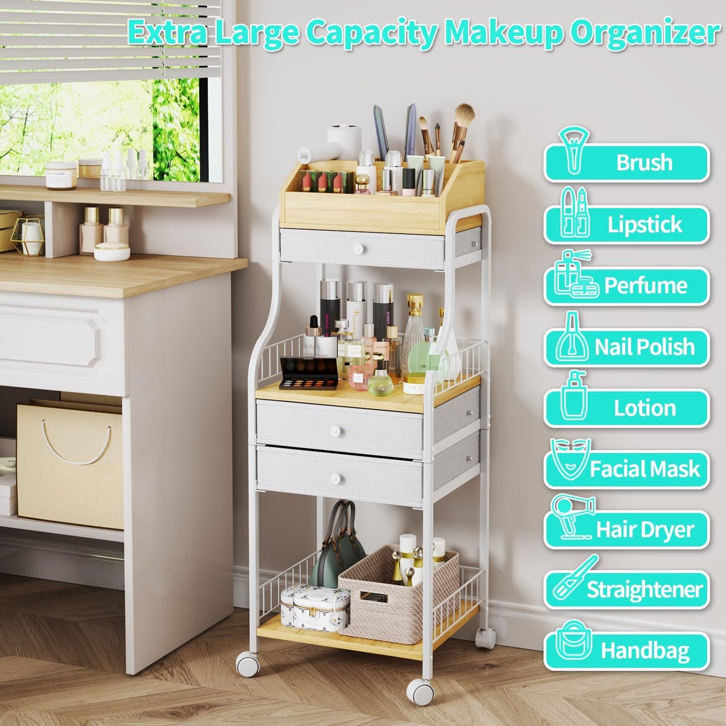 Floor Makeup Organizer Storage - Vanity Skincare Make Up Organizers and Storage with Drawers