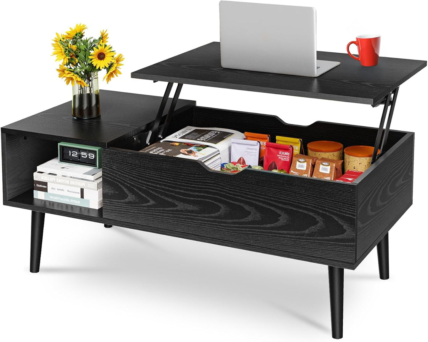 Coffee Table -Wood Lift Top with Hidden Compartment and Large Storage Shelf, Lift Tabletop Dining Center Table