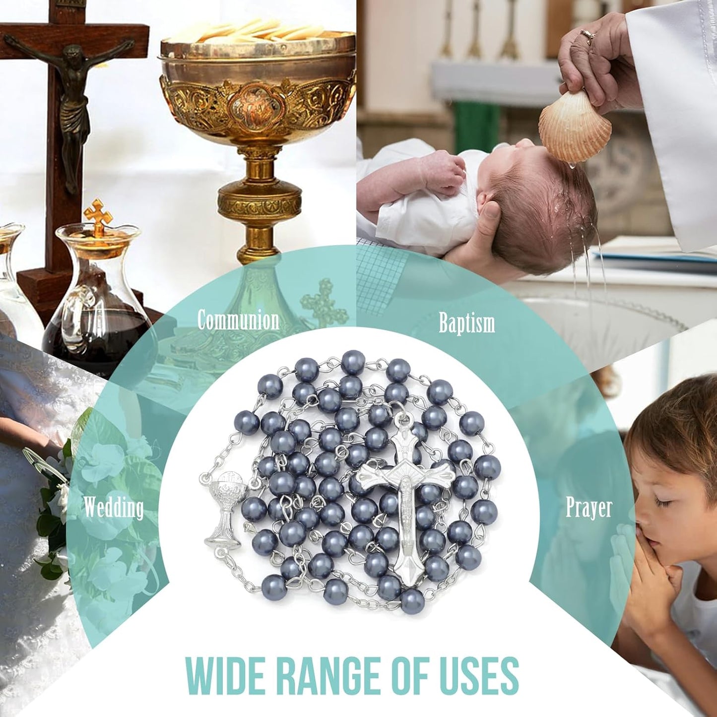 6mm Pearl Rosary Beads With Crucifix - Women's Catholic Prayer Necklace, Gift Box & Pouch Included