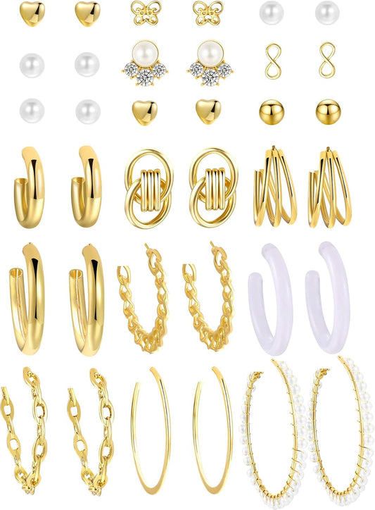 Gold Hoop Earrings Set for Women, 12 Pairs Large/Big Thin Thick Gold Hoops Earrings Loop Pack for Jewelry Gift 40mm/50mm