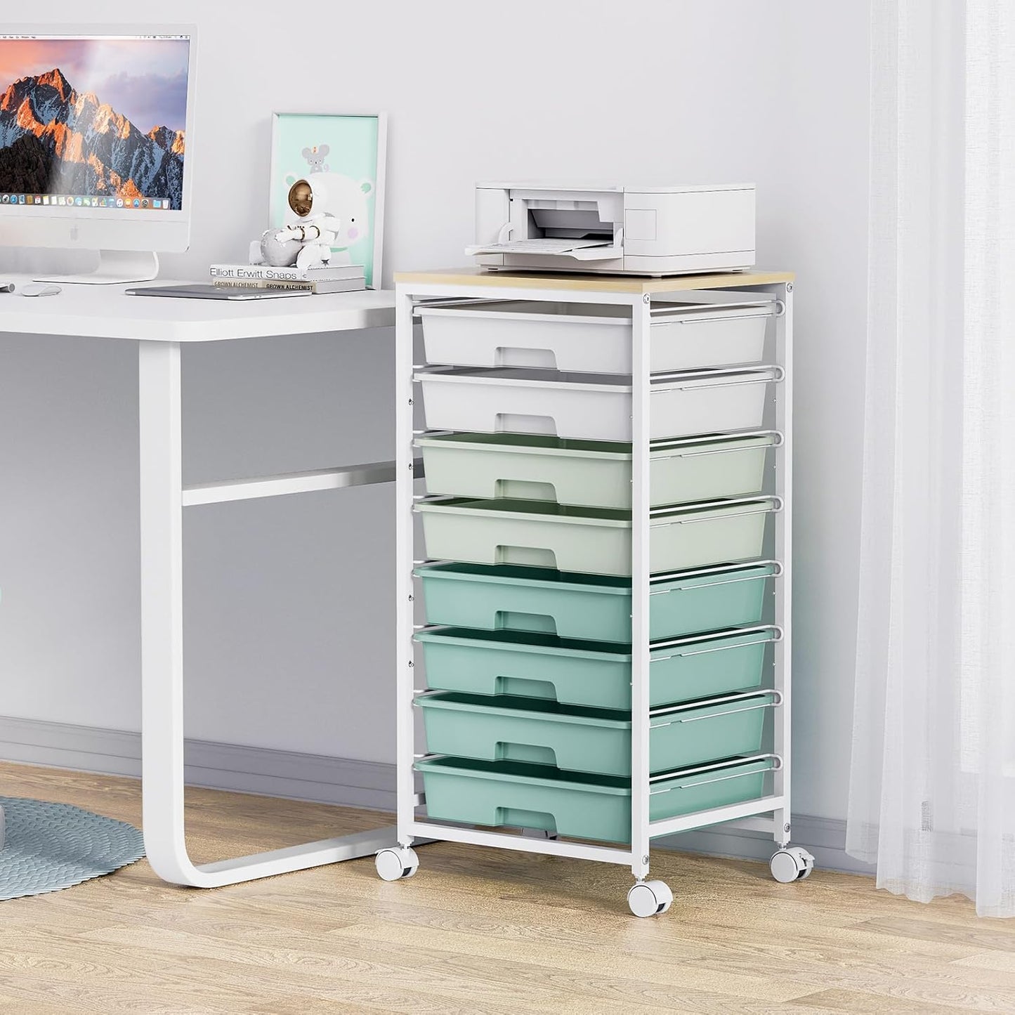 OMOMMD Rolling Storage Utility Cart Organizers with 8 Drawers and Wooden Tabletop for Living Room,Office,Classroom,Craft Room,Bedroom,Dorm,Green