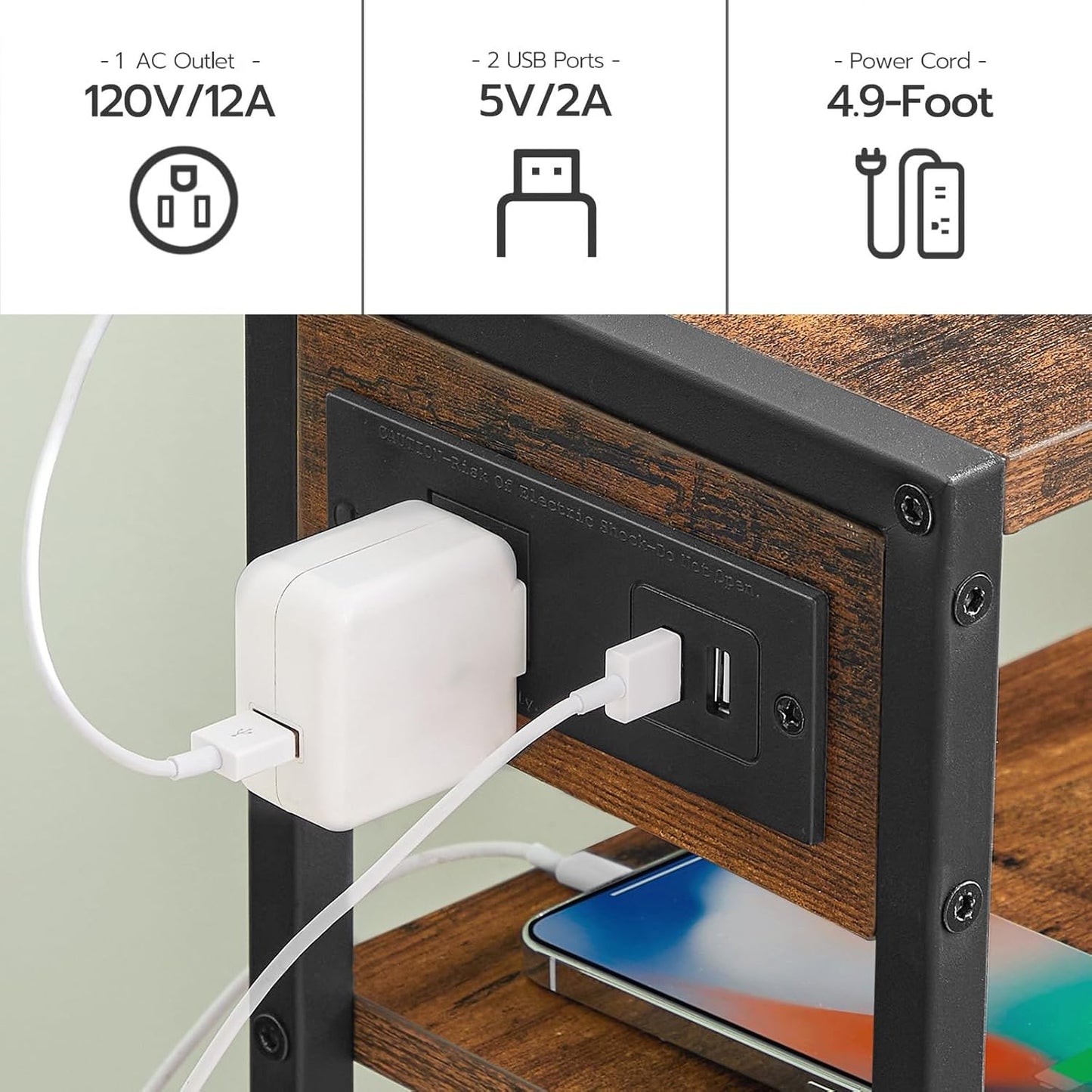 Small Narrow Side Table with Charging Station, Slim Nightstand with USB Ports Outlet