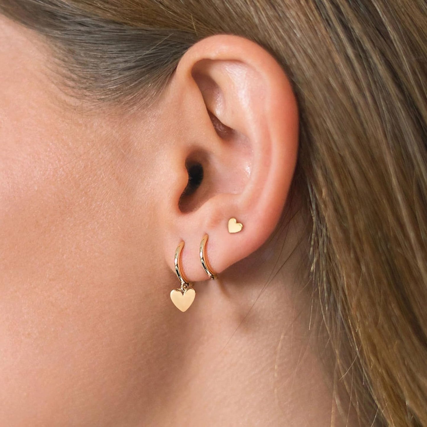 3 Pairs Small Gold Hoop Earring, 14K Gold Plated Earring Stacks Butterfly Heart Star Moon Bow Four Leaf Rhombus Round CZ Pearl