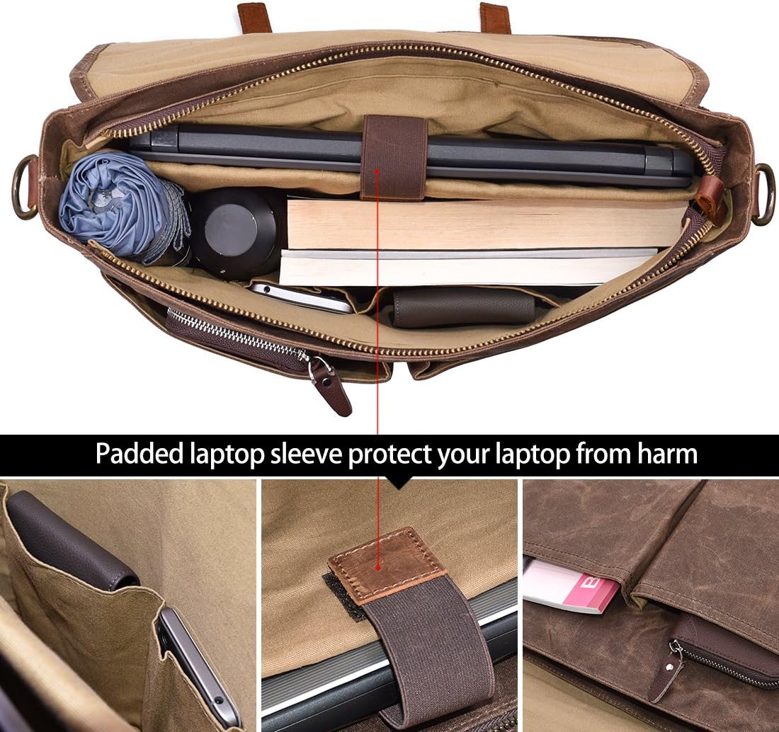 15.6 Inch Mens Messenger Bag Waterproof Vintage Genuine Leather Waxed Canvas Briefcase Large Leather Computer