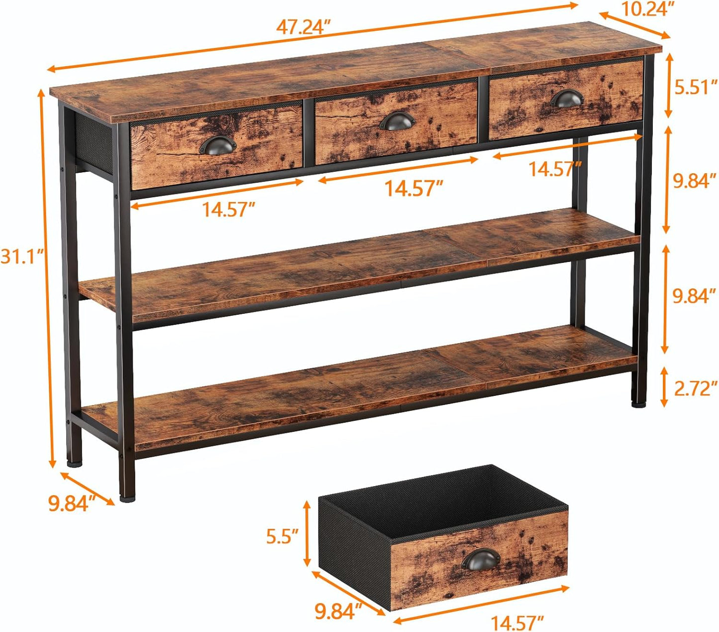 Long 47" Console Sofa Table with 3 Drawers, Entryway Table with 3-Tier Storage Shelves