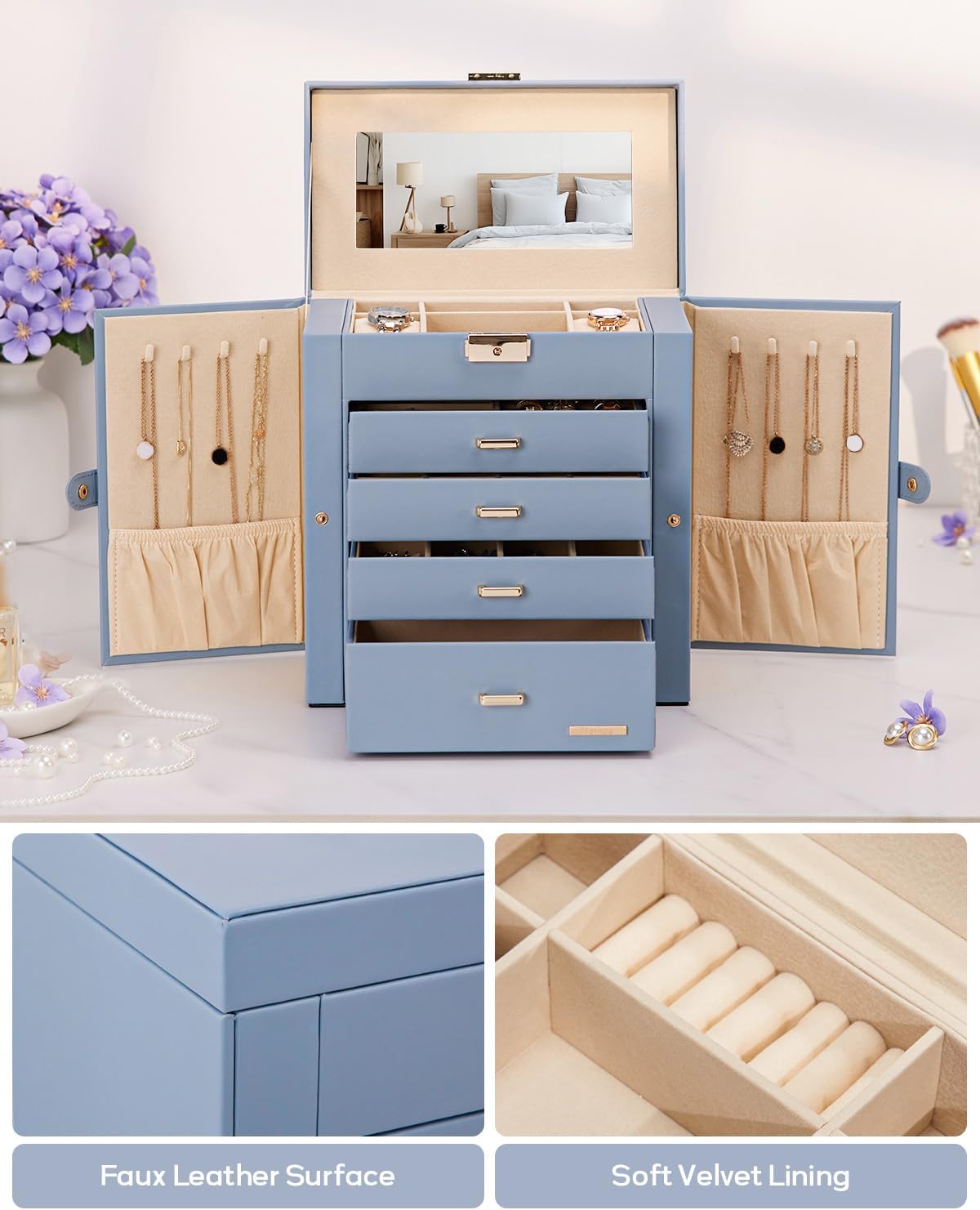 Synthetic Leather Huge Jewelry Box Mirrored Watch Organizer Necklace Ring Earring Storage Lockable
