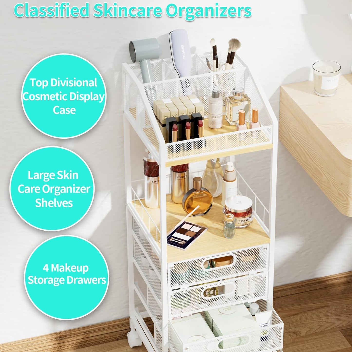 Makeup Organizer Storage Cart - Floor Skincare Make Up Storage with 4 Drawers, Rolling Makeup
